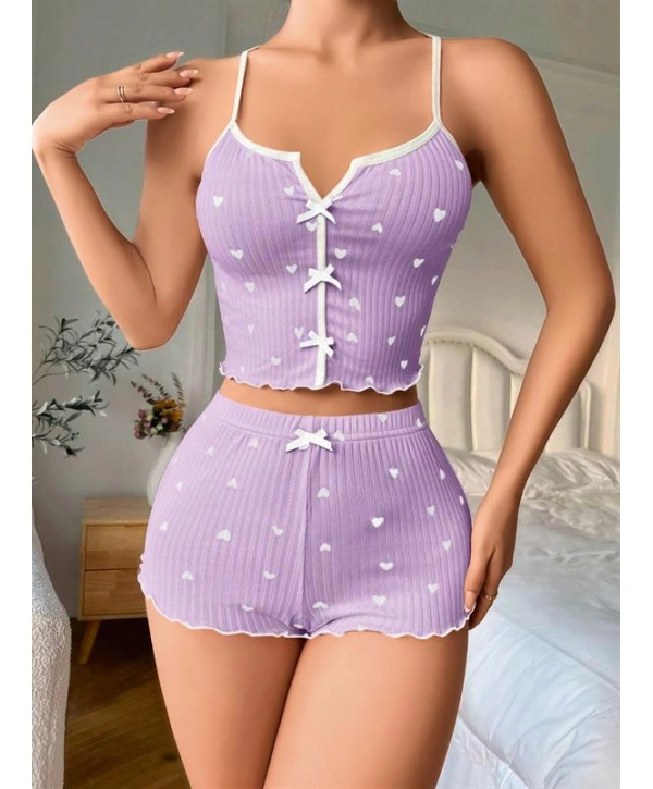 Morliva Lila Üstüne Beyaz Kalp Desenli Askılı Şortlu Pijama Takımı