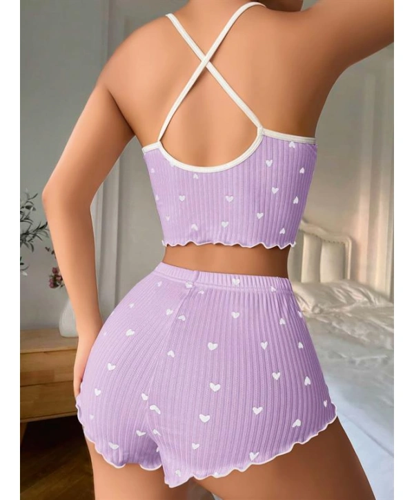 Morliva Lila Üstüne Beyaz Kalp Desenli Askılı Şortlu Pijama Takımı
