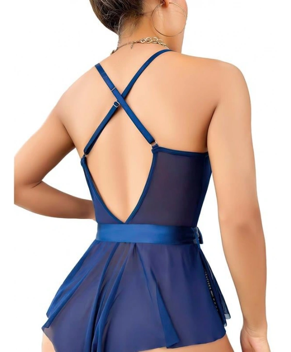 Morliva Mavi Dantel İşlemeli Kurdelalı Fantezi Tül Babydoll