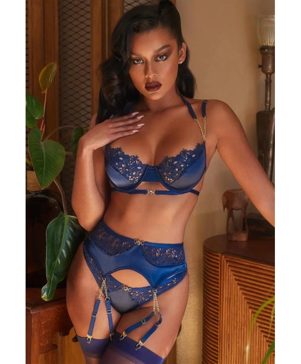 Morliva Mavi Dantel İşlemeli Zincir Detaylı Fantezi Jartiyer Takımı