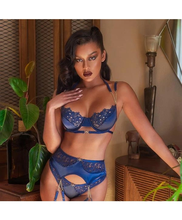 Morliva Mavi Dantel İşlemeli Zincir Detaylı Fantezi Jartiyer Takımı