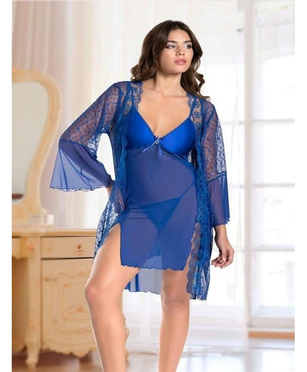 Morliva  Mavi Transparan Dantel İşlemeli Tül Yırtmaçlı 2li Gecelik Takımı