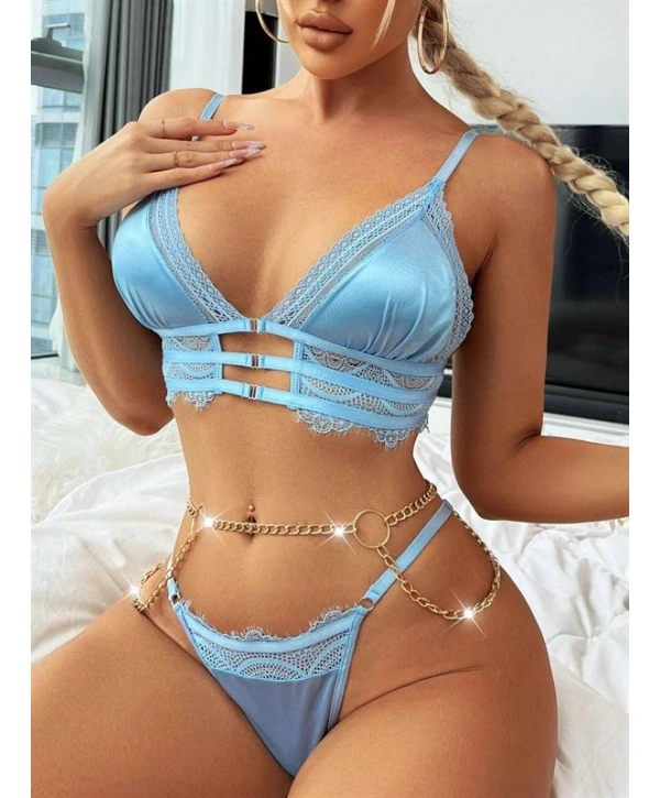 Morliva  Mavi Zincir Detaylı Fantezi Sütyen Takımı