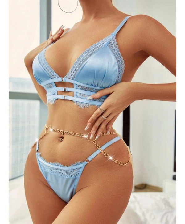 Morliva  Mavi Zincir Detaylı Fantezi Sütyen Takımı