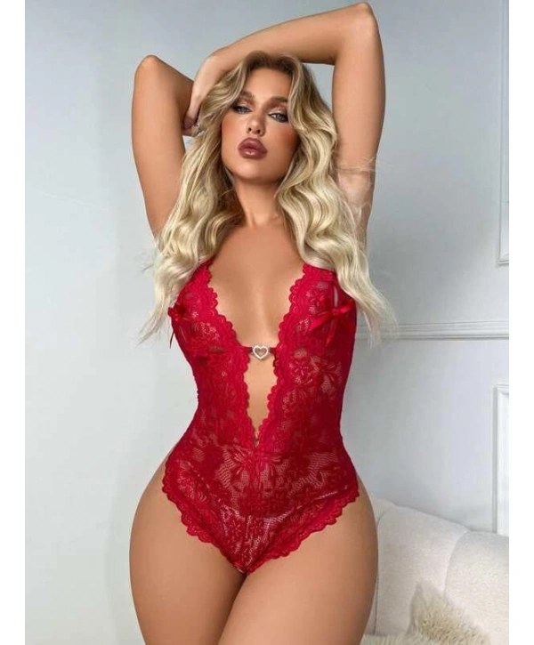 Morliva Metal Kalp Aksesuarlı Fantezi Dantelli Kırmızı Body