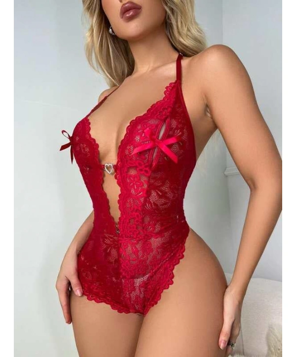 Morliva Metal Kalp Aksesuarlı Fantezi Dantelli Kırmızı Body