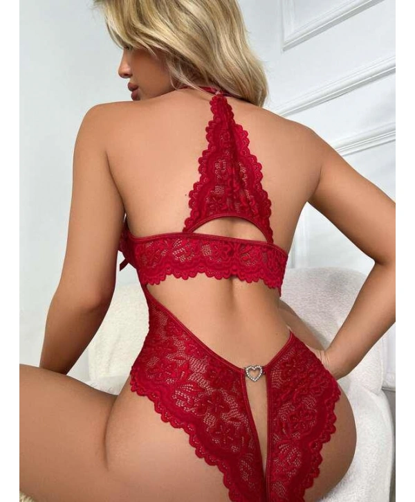 Morliva Metal Kalp Aksesuarlı Fantezi Dantelli Kırmızı Body