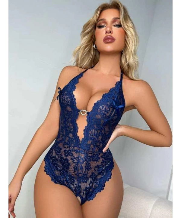 Morliva Metal Kalp Aksesuarlı Fantezi Dantelli Mavi Body