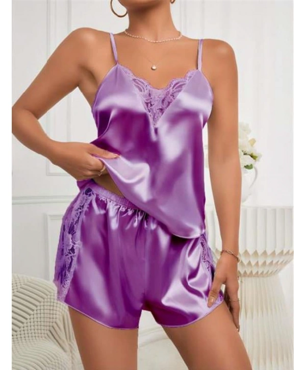 Morliva Mor Dantel İşlemeli İnce Askılı Saten Şortlu Takım