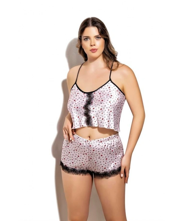 Morliva Öpücük Desenli Fantezi Büyük Beden Şortlu Saten Takım