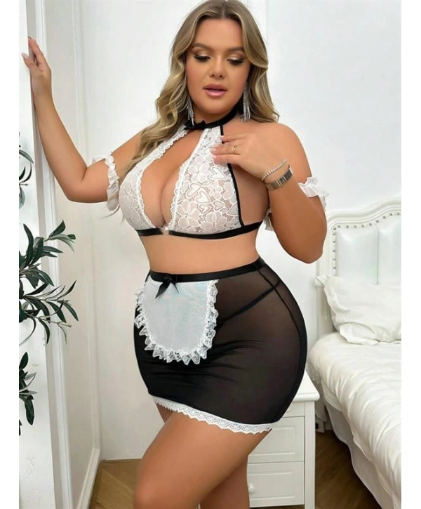 Morliva Özel Tasarım Büyük Beden Dantelli Fantezi Hizmetçi Kostümü