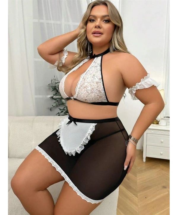 Morliva Özel Tasarım Büyük Beden Dantelli Fantezi Hizmetçi Kostümü