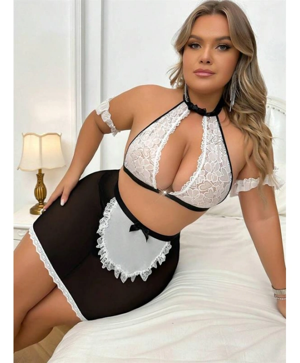 Morliva Özel Tasarım Büyük Beden Dantelli Fantezi Hizmetçi Kostümü