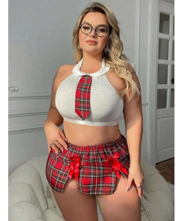 Morliva Özel Tasarım Büyük Beden Ekoseli Kravatlı Fantezi Liseli Kostümü