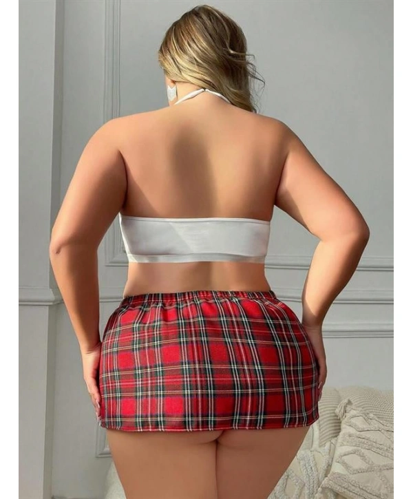 Morliva Özel Tasarım Büyük Beden Ekoseli Kravatlı Fantezi Liseli Kostümü