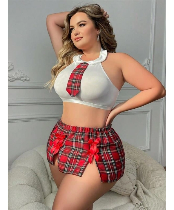 Morliva Özel Tasarım Büyük Beden Ekoseli Kravatlı Fantezi Liseli Kostümü