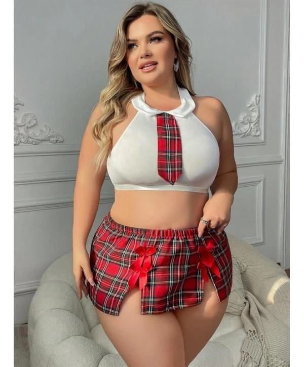 Morliva Özel Tasarım Büyük Beden Ekoseli Kravatlı Fantezi Liseli Kostümü