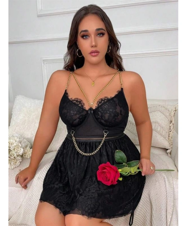 Morliva Özel Tasarım Büyük Beden Fantezi Zincir Detaylı Dantelli Gecelik