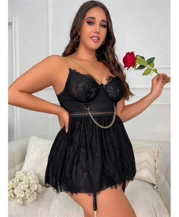 Morliva Özel Tasarım Büyük Beden Fantezi Zincir Detaylı Dantelli Gecelik