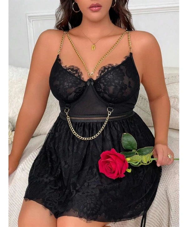 Morliva Özel Tasarım Büyük Beden Fantezi Zincir Detaylı Dantelli Gecelik