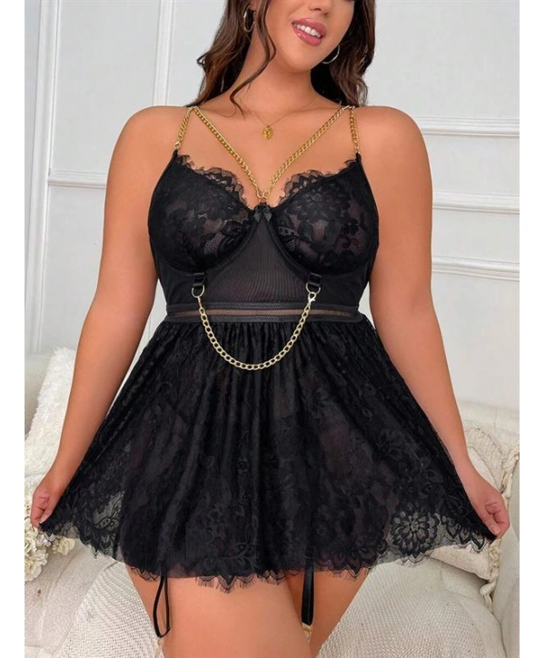 Morliva Özel Tasarım Büyük Beden Fantezi Zincir Detaylı Dantelli Gecelik