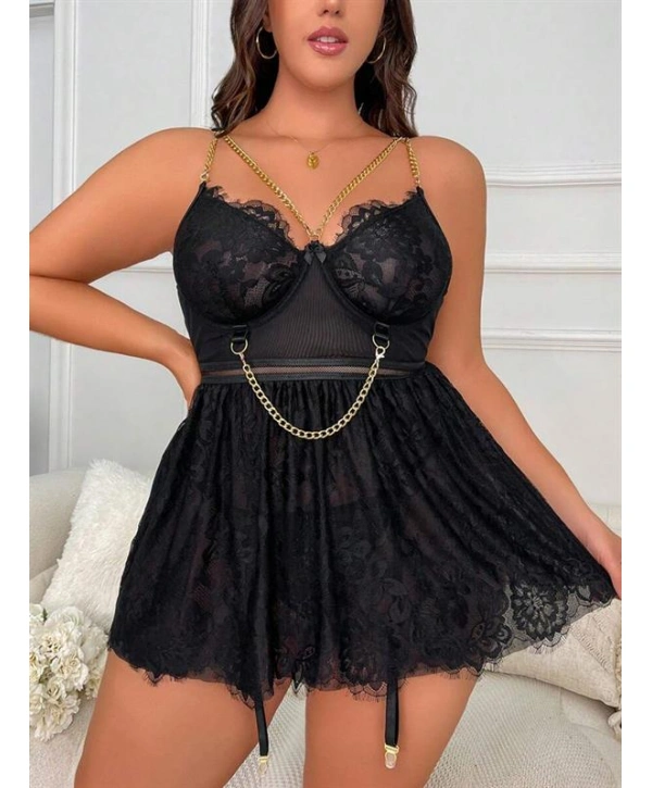 Morliva Özel Tasarım Büyük Beden Fantezi Zincir Detaylı Dantelli Gecelik