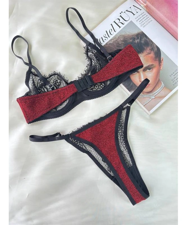 Morliva  Özel Tasarım Dantel İşlemeli Bordo Desteksiz Bralet Takımı