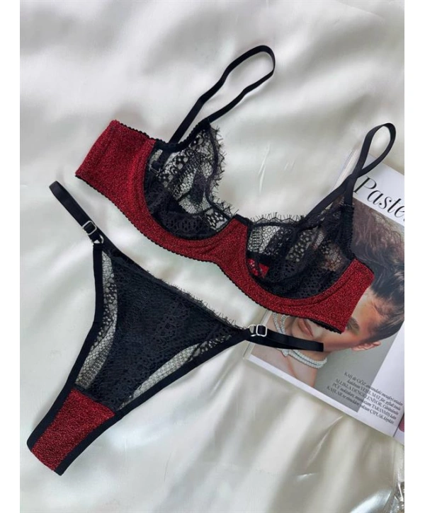 Morliva  Özel Tasarım Dantel İşlemeli Bordo Desteksiz Bralet Takımı