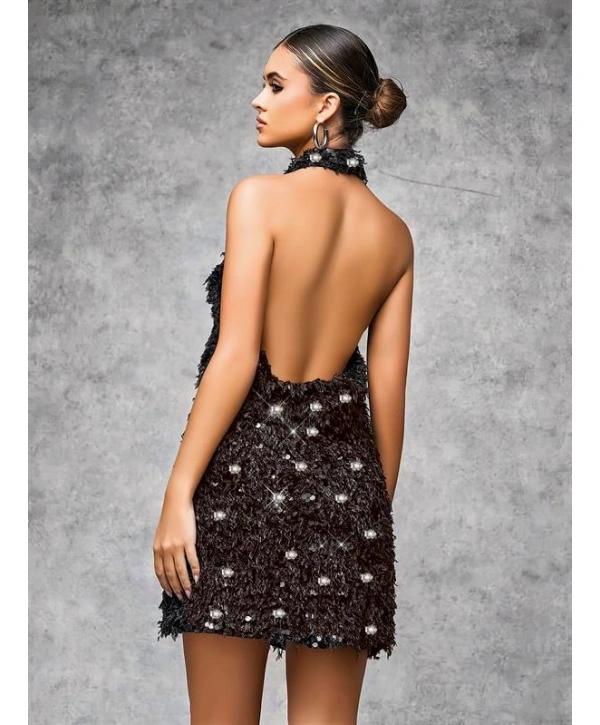 Morliva Özel Tasarım Gümüş Işıltılı Sırt Dekolteli Fantezi Mini Club Elbisesi