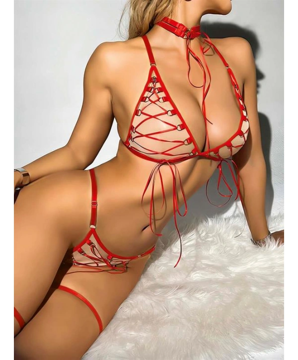 Morliva Özel Tasarım Kırmızı İp Detaylı Fantezi Sütyen Takımı