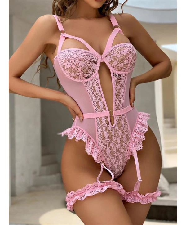 Özel Tasarım Pembe Dantelli Fantezi Jartiyer Takımı