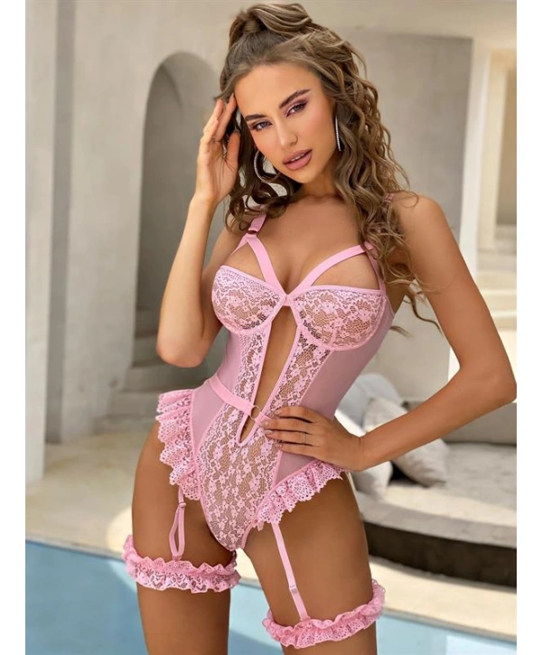 Özel Tasarım Pembe Dantelli Fantezi Jartiyer Takımı