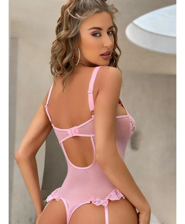 Özel Tasarım Pembe Dantelli Fantezi Jartiyer Takımı