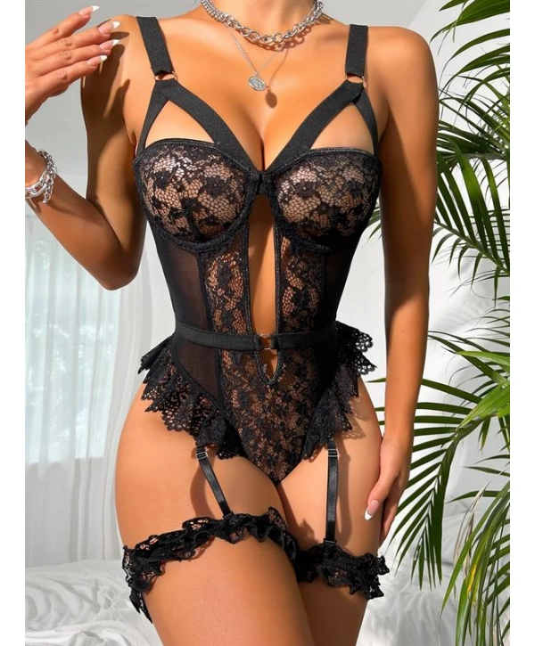 Özel Tasarım Siyah Dantelli Fantezi Jartiyer Takımı