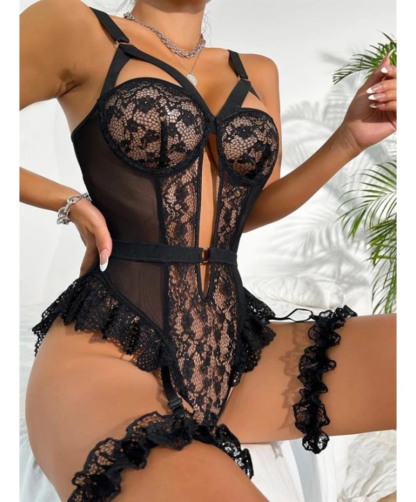 Özel Tasarım Siyah Dantelli Fantezi Jartiyer Takımı