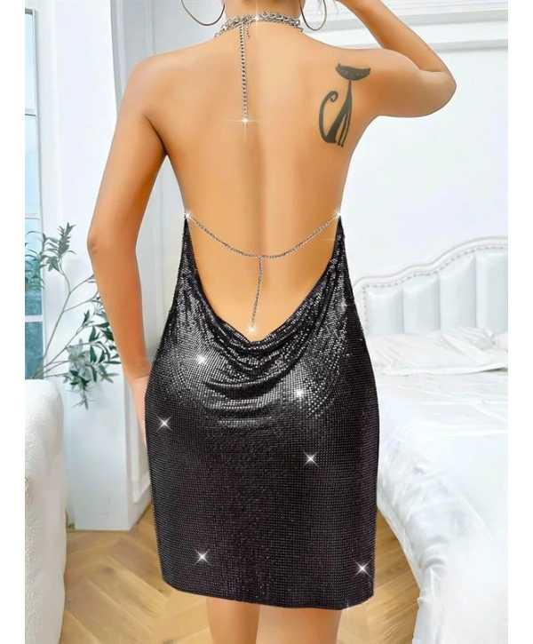 Morliva Özel Tasarım Siyah Payetli Zincir Detaylı Parlak Işıltılı Sırt Dekolteli Fantezi Mini Club Elbisesi