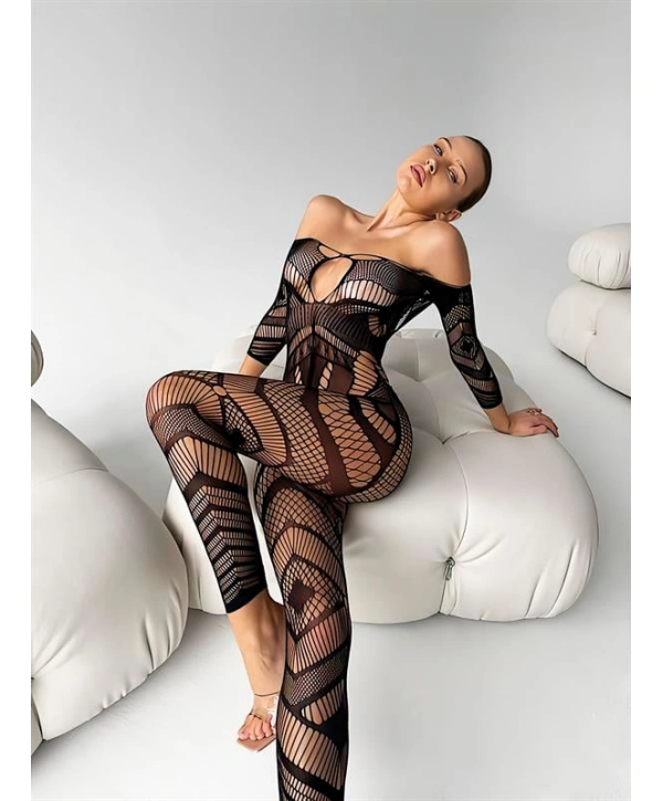 Özel Tasarım Siyah Uzun Kollu Fantezi Body Vücut Çorabı