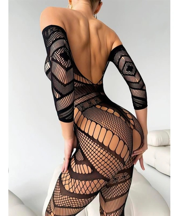 Özel Tasarım Siyah Uzun Kollu Fantezi Body Vücut Çorabı