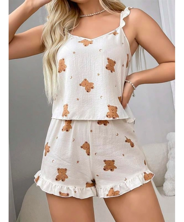 Morliva Pamuklu Ayıcık Desen Fırfırlı Askılı Şortlu Pijama Takımı