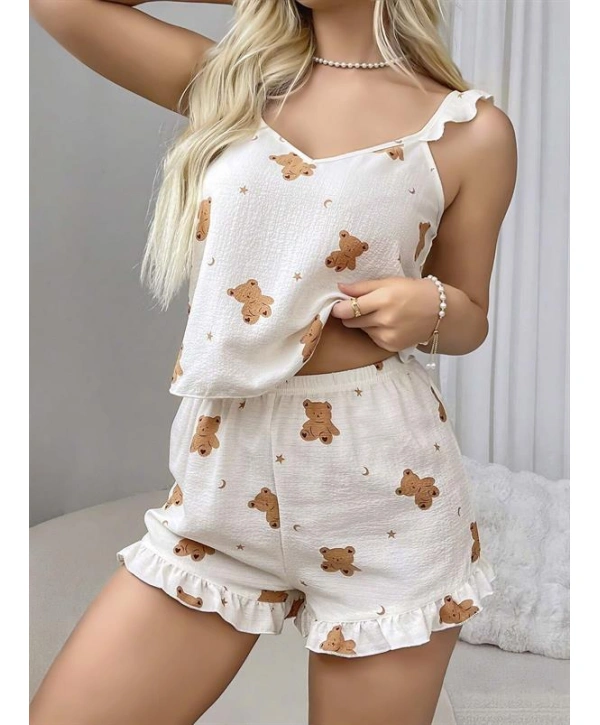 Morliva Pamuklu Ayıcık Desen Fırfırlı Askılı Şortlu Pijama Takımı