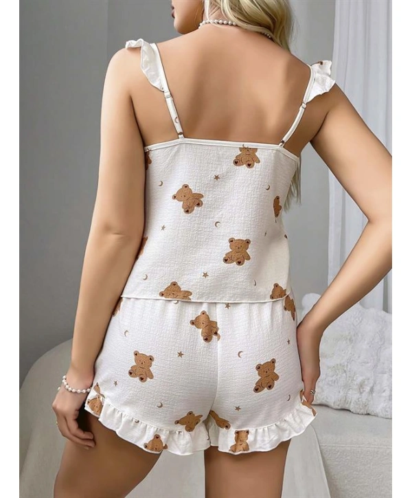 Morliva Pamuklu Ayıcık Desen Fırfırlı Askılı Şortlu Pijama Takımı