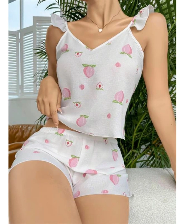 Morliva  Pamuklu Beyaz Üstüne Çiçek Desen Fırfır Askılı Şortlu Pijama Takımı