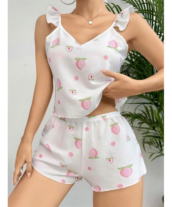 Morliva  Pamuklu Beyaz Üstüne Çiçek Desen Fırfır Askılı Şortlu Pijama Takımı