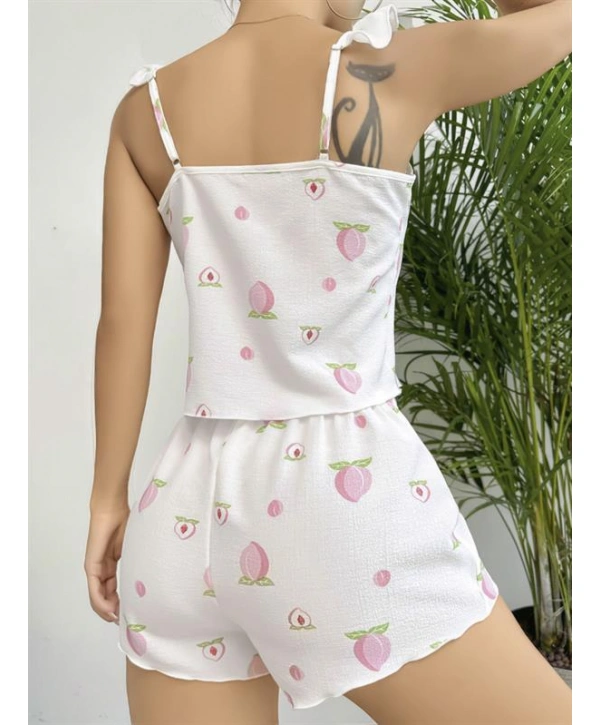 Morliva  Pamuklu Beyaz Üstüne Çiçek Desen Fırfır Askılı Şortlu Pijama Takımı