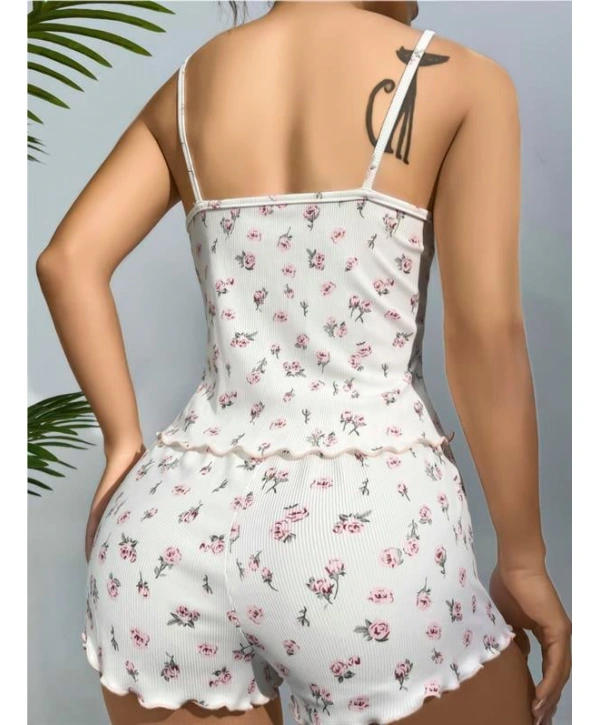 Morliva  Pamuklu Beyaz Üstüne Çiçek Desen Fitilli Askılı Şortlu Pijama Takımı