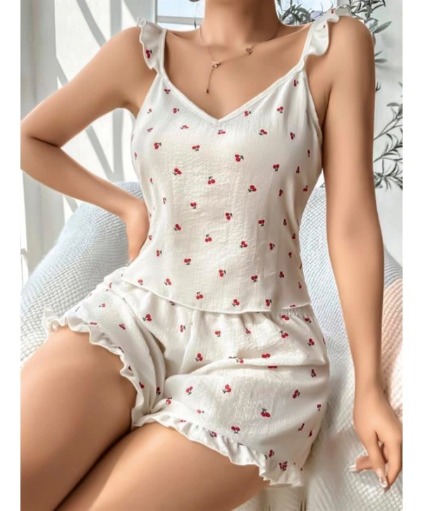 Morliva Pamuklu Beyaz Üstüne Kiraz Desen Fırfır Askılı Şortlu Pijama Takımı