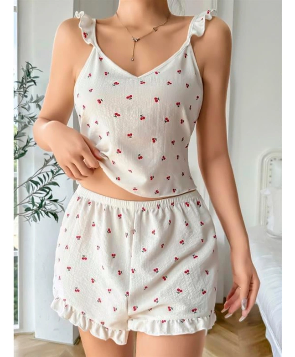Morliva Pamuklu Beyaz Üstüne Kiraz Desen Fırfır Askılı Şortlu Pijama Takımı