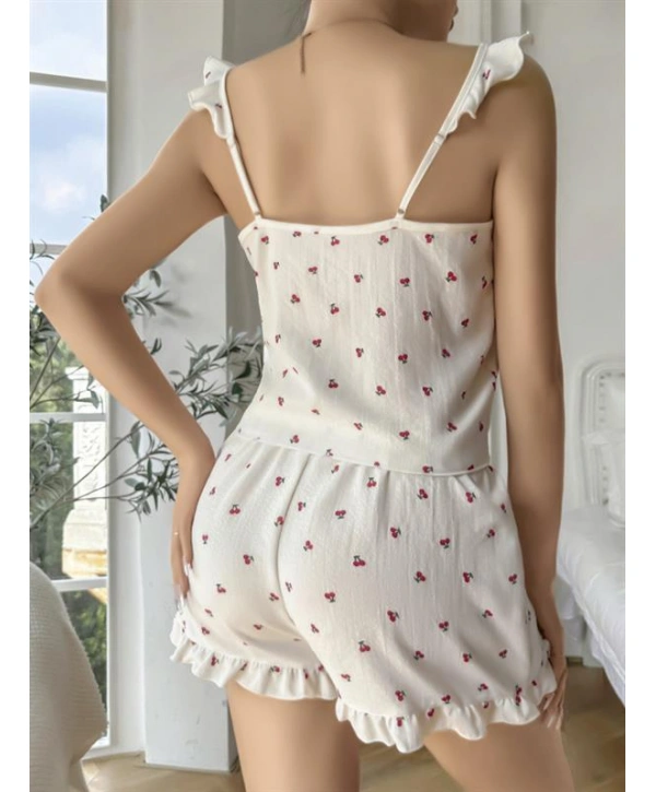 Morliva Pamuklu Beyaz Üstüne Kiraz Desen Fırfır Askılı Şortlu Pijama Takımı