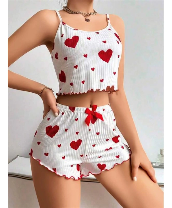 Morliva Pamuklu Beyaz Üstüne Kırmızı Kalp Desenli Askılı Şortlu Pijama Takımı