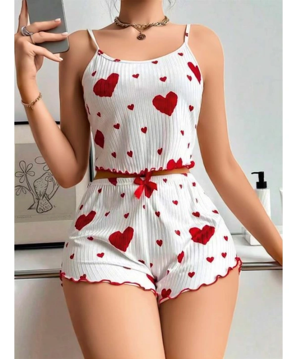 Morliva Pamuklu Beyaz Üstüne Kırmızı Kalp Desenli Askılı Şortlu Pijama Takımı
